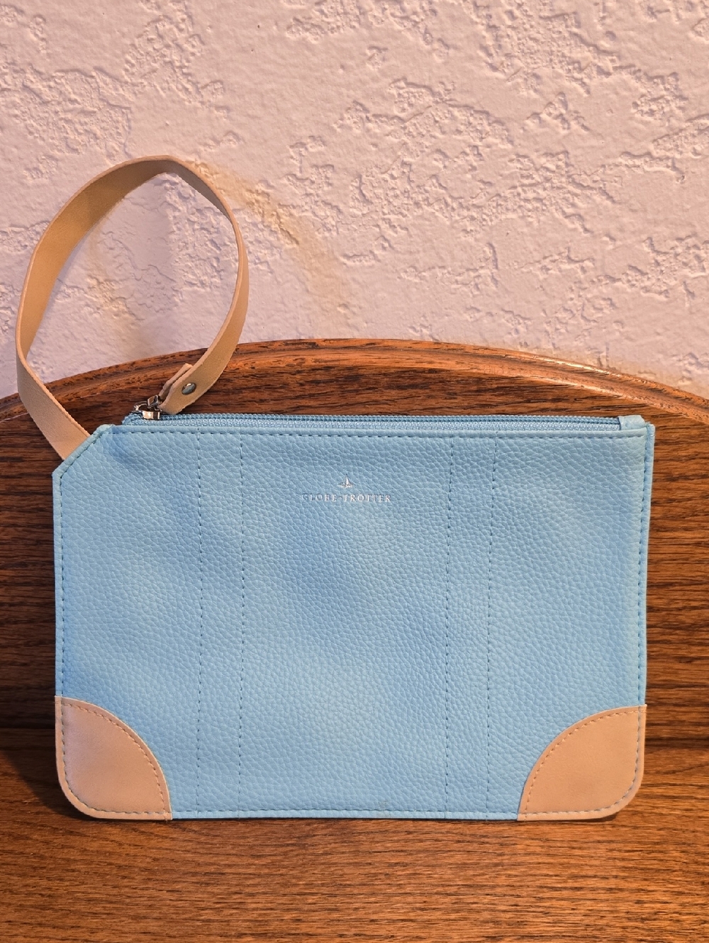 Globe Trotter Light Blue Wristlet Clutch with Tan Accents